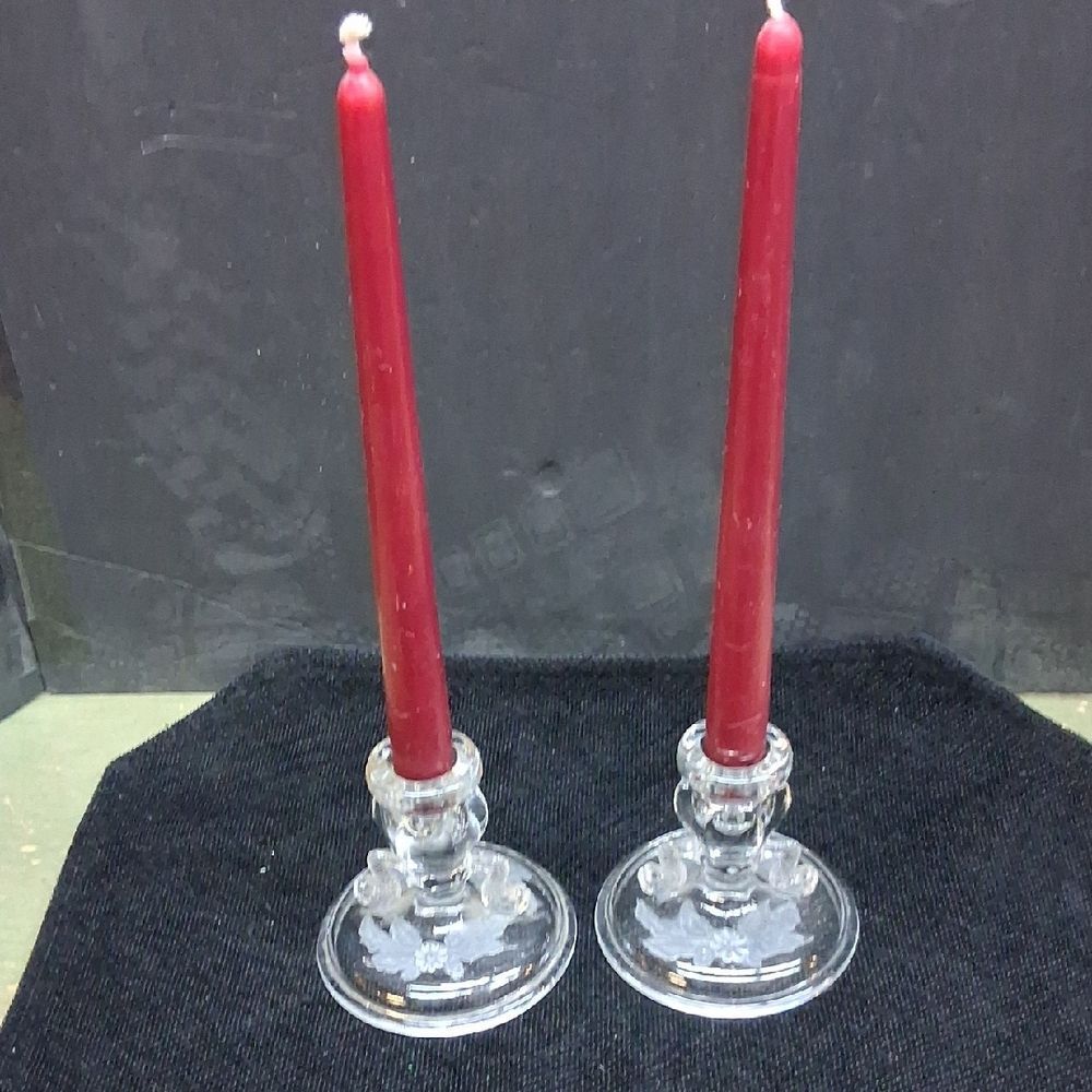 Vintage Pair of Fenton‎ Crystal Clear Dolphin Candlestick Holders 1920 - 1930